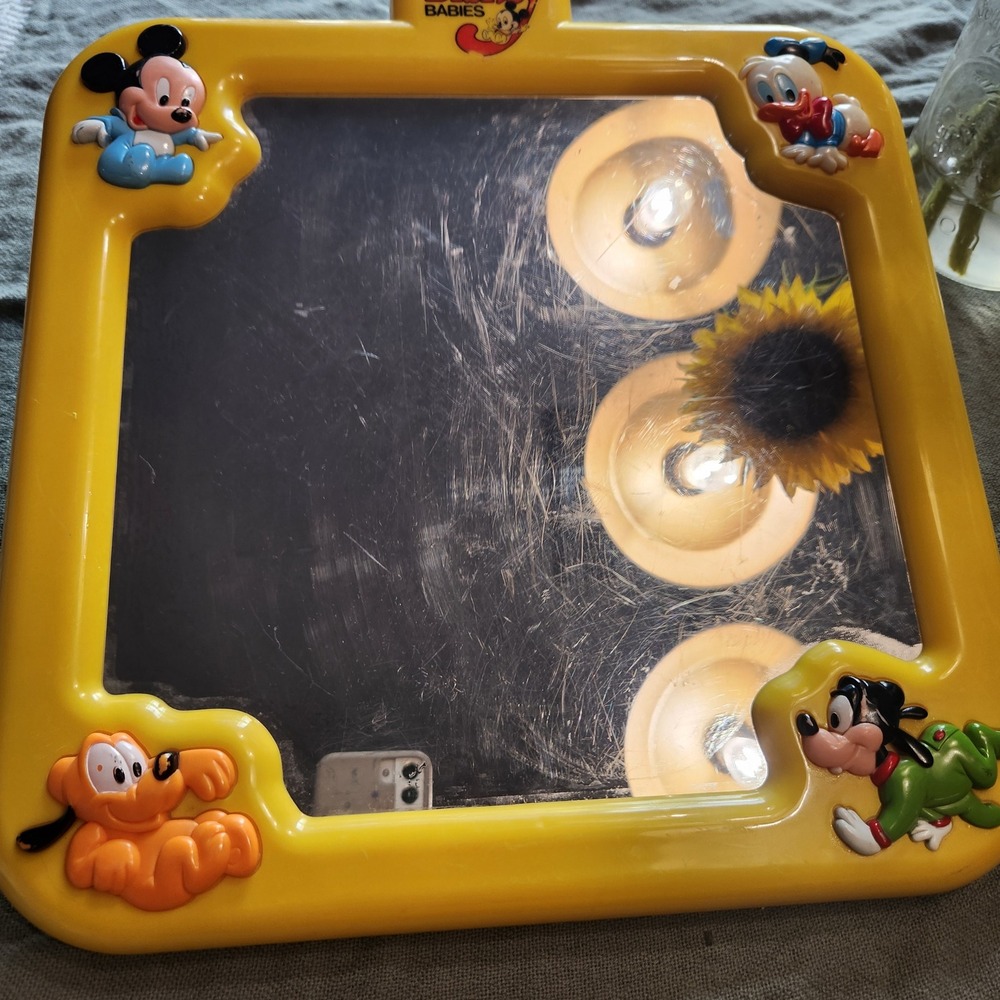 Vintage Disney Babies Illco Crib Mirror Mickey Donald Pluto Goofy Yellow Toy